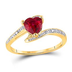 Womens Heart Lab-Created Ruby Solitaire Diamond-accent Bypass Ring 1 Cttw 10kt Yellow Gold - REF-11A