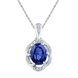 Womens Oval Lab-Created Blue Sapphire Solitaire Diamond Pendant 1-3/4 Cttw 10kt White Gold - REF-14X