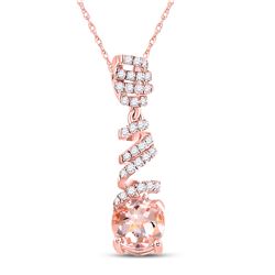 Womens Oval Morganite Diamond Spiral Solitaire Pendant 1 Cttw 10kt Rose Gold - REF-19A9M