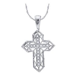 Womens Round Diamond Cross Frame Religious Pendant 1/8 Cttw 10kt White Gold - REF-7N5F