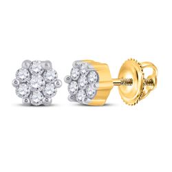 Womens Round Diamond Flower Cluster Earrings 1/6 Cttw 10kt Yellow Gold - REF-14F9W