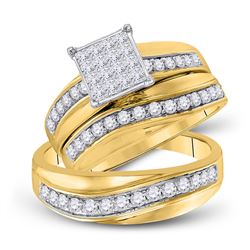 His Hers Princess Diamond Square Matching Bridal Wedding Ring Set 1 Cttw 14kt Yellow Gold - REF-96N9