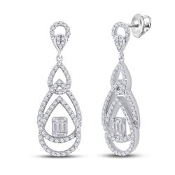 Womens Baguette Diamond Teardrop Dangle Earrings 1-1/2 Cttw 14kt White Gold - REF-142W5K