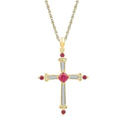 Womens Round Lab-Created Ruby Diamond Cross Pendant 1-1/3 Cttw 10kt Yellow Gold - REF-13H9R