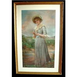 19c  American School Pastel Painting Girl WOMAN#1163793