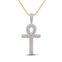 Mens Round Diamond Ankh Cross Charm Pendant 2-1/5 Cttw 10kt Yellow Gold - REF-109M5H