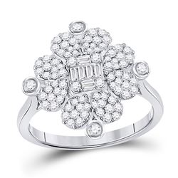 Womens Baguette Diamond Clover Cluster Ring 3/4 Cttw 14kt White Gold - REF-60A9M