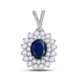 Womens Oval Blue Sapphire Diamond Halo Pendant 3/4 Cttw 14kt White Gold - REF-30X5A