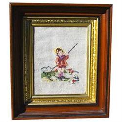 FRAMED VICTORIAN PETIT POINT  GIRL WITH RAKE  #1132454