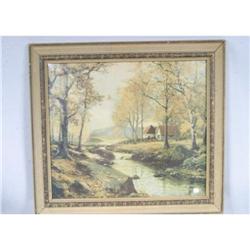 Framed Vintage Print Stream Cottages #1132755