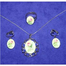 Rose Transfer on Glass Necklace Ring & Earrings#1132952