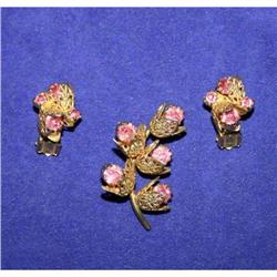  Pink Rhinestone Filigree Brooch & Earrings #1132965