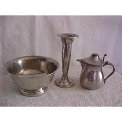 Pewter, 3 Pcs.;;1 Bowl, 1 Vase,1 Creamer #1135674