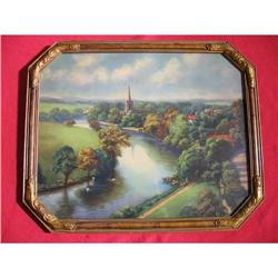 Antique Frame & Print Pretty Scene Of River & #1150867