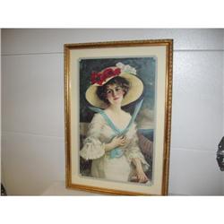 Lovely Antique Frame w/Print Of Lady w/Hat #1150870