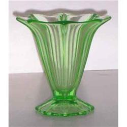 Green Depression Glass Art Deco Fluted Vase #1150970