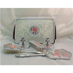 English Guilloche Rose Lace Inset Glass Vanity #1168412