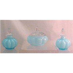 Fenton Blue Overlay Melon Perfume Vanity Set #1168417