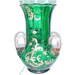 19th C Green Pink Tri-Handled Gold Enamel Vase #1168424