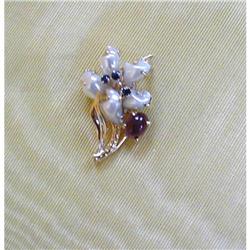 50's ORCHID PIN~14K/BAROQUE PEARLS/SAPPHIRES #1168756