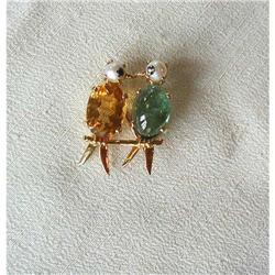 VINTAGE 14K Y GOLD & GEM STONE LOVEBIRDS PIN #1168760