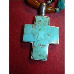 Designer Amber  Turquoise and Silver Cross #1168794