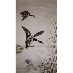 Color Lithograph of Ducks in Flight signed Leon#1168811