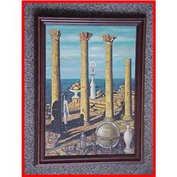 Signed Surreal Greek Landscape Oil Painting #1168832