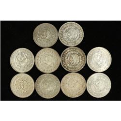 10 ASSORTED 1959-1967 MEXICO .100 SILVER PESOS