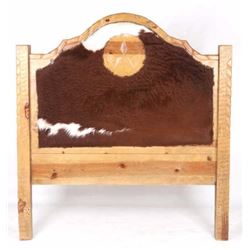 Western Steer Hide Upholstered Hewn Wood Queen Bed