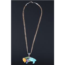 Zuni Mosaic Inlaid Silver Buffalo Pendant Necklace