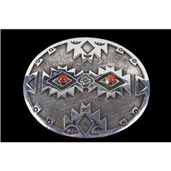 Navajo BK Sterling & Coral Overlay Belt Buckle