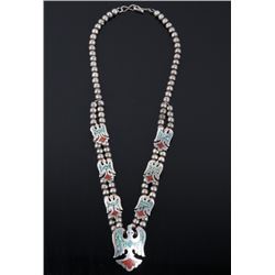 Navajo Chip Inlay Turquoise & Coral Necklace