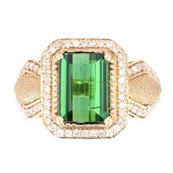 Green Tourmaline and Diamonds Set in 14K Ring