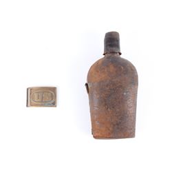 19th C. U.S. Cavalry Brass Buckle & Leather Flask