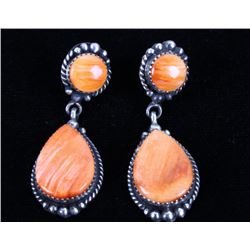 Navajo E Kee Orange Spiny Oyster Sterling Earrings