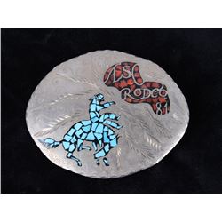 1981 Silver Chipped Turquoise & Coral Rodeo Buckle