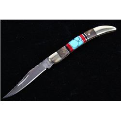 Navajo Turquoise & Coral Inlaid Maxam Knife