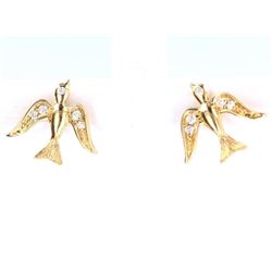 18K Gold Sparrow Bird Stud Earrings w/ Diamonds