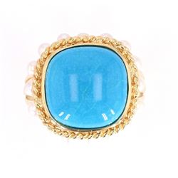 Gem Quality Turquoise and Seed Pearl 14K Ring