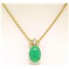 Image 3 : 18k Yellow Gold Oval Green Jade & Marquise Diamond Pendant w/ 14k Wheat Chain