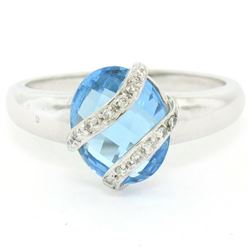 14K White Gold 3.57 ctw Pave Diamond & Caged Checkerboard Oval Blue Topaz Ring