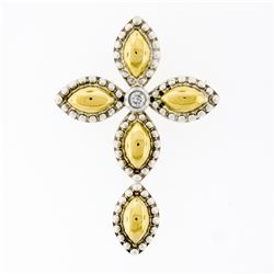 18K Gold Silver Bead Work Marquise Cross Pendant & Bezel Diamond