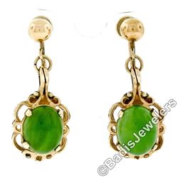 Vintage 14kt Yellow Gold Oval Green Jade Non Pierced Earrings
