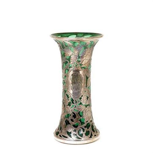 Vintage Silver Overlay Green Glass Vase Steuben 1126134