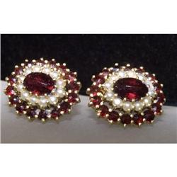 Estate Garnet Seed Pearl Earrings yellow gold #1126213