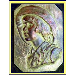 ART NOUVEAU GILT BRONZE PLAQUE GIRL w HAT  #1136791