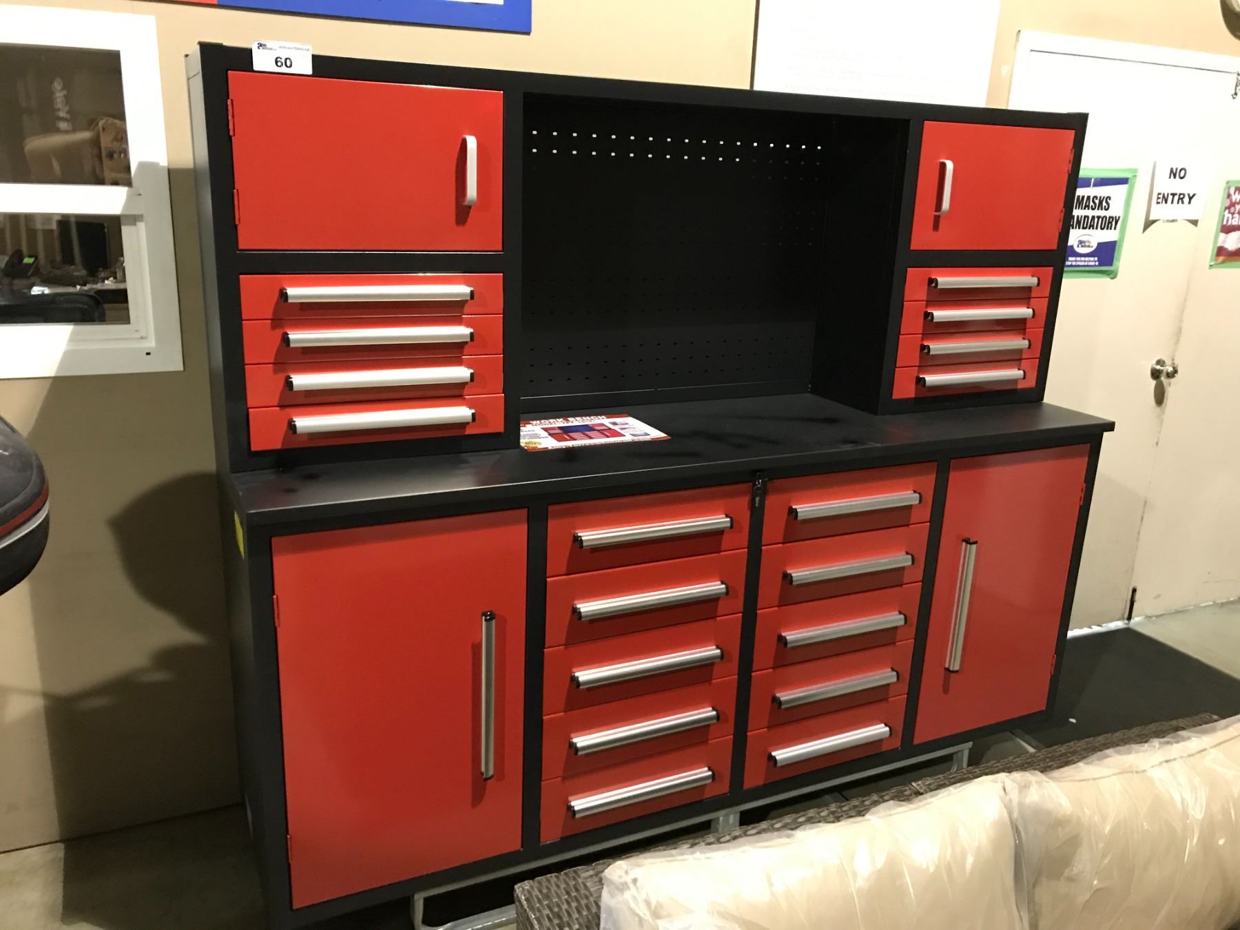 RED STEELMAN 7FT WORK BENCH WITH HUTCH, 18 DRAWERS, 4 CABINETS, LOCK ...