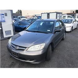 2005 HONDA CIVIC SE, 4DR SEDAN, GREY, VIN # 2HGES16385H012702