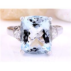 5.58 CTW Natural Aquamarine 18K Solid White Gold Diamond Ring